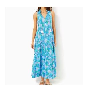 NWT XXL Lilly Pulitzer Malone Maxi Dress Las Olas Aqua Sleeveless tassel -